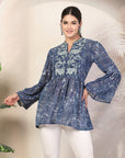 Paisley Printed Flared Poly Chiffon Top with Embroidery