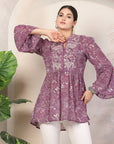 Paisley Print Poly Chiffon Top with Embroidered Collar & Flared Sleeves