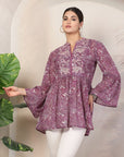 Paisley Print Poly Chiffon Top with Embroidered Collar & Flared Sleeves