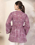 Paisley Print Poly Chiffon Top with Embroidered Collar & Flared Sleeves