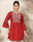 Solid Cotton Linen Kurti with Paisley Embroidery