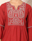 Solid Cotton Linen Kurti with Paisley Embroidery