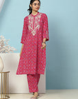 Geometric Printed Viscose Rayon Kurta Set with Lakhnavi Embroidery