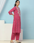 Geometric Printed Viscose Rayon Kurta Set with Lakhnavi Embroidery