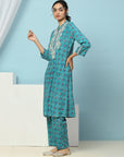 Geometric Printed Viscose Rayon Kurta Set with Lakhnavi Embroidery