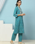 Geometric Printed Viscose Rayon Kurta Set with Lakhnavi Embroidery