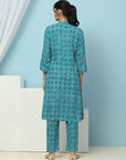 Geometric Printed Viscose Rayon Kurta Set with Lakhnavi Embroidery