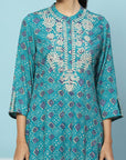 Geometric Printed Viscose Rayon Kurta Set with Lakhnavi Embroidery