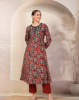 Floral Printed Flared Modal Chanderi Kurta with Embroidery & Palazzo