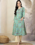 Ethnic Motifs Printed A-Line Chanderi Kurta Set with Palazzo