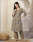 Floral Printed A-Line Chanderi Kurta Set with Palazzo