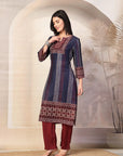 Printed Straight Calf Length Kurta with Sewroskie Work & Embroidered Palazzo