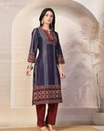 Printed Straight Calf Length Kurta with Sewroskie Work & Embroidered Palazzo