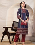 Printed Straight Calf Length Kurta with Sewroskie Work & Embroidered Palazzo