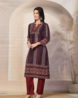 Printed Straight Calf Length Kurta with Sewroskie Work & Embroidered Palazzo