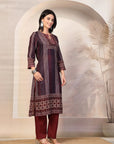 Printed Straight Calf Length Kurta with Sewroskie Work & Embroidered Palazzo