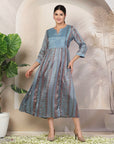 Mix and Match Printed Poly Chinon Flared Dress with Sequinned Round Neck