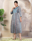 Mix and Match Printed Poly Chinon Flared Dress with Sequinned Round Neck