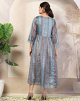 Mix and Match Printed Poly Chinon Flared Dress with Sequinned Round Neck