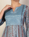 Mix and Match Printed Poly Chinon Flared Dress with Sequinned Round Neck