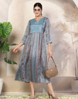 Mix and Match Printed Poly Chinon Flared Dress with Sequinned Round Neck