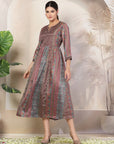 Mix and Match Printed Poly Chinon Flared Dress with Sequinned Round Neck