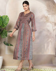 Mix and Match Printed Poly Chinon Flared Dress with Sequinned Round Neck