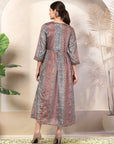 Mix and Match Printed Poly Chinon Flared Dress with Sequinned Round Neck