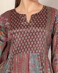 Mix and Match Printed Poly Chinon Flared Dress with Sequinned Round Neck