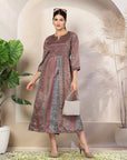 Mix and Match Printed Poly Chinon Flared Dress with Sequinned Round Neck