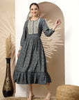 Floral Printed Modal Chanderi Flared Dress with Embroidery