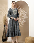 Floral Printed Modal Chanderi Flared Dress with Embroidery