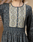 Floral Printed Modal Chanderi Flared Dress with Embroidery