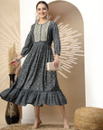 Floral Printed Modal Chanderi Flared Dress with Embroidery