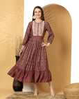 Floral Printed Modal Chanderi Flared Dress with Embroidery