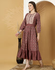 Floral Printed Modal Chanderi Flared Dress with Embroidery