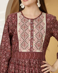 Floral Printed Modal Chanderi Flared Dress with Embroidery