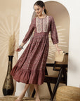 Floral Printed Modal Chanderi Flared Dress with Embroidery