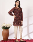 Floral Printed Flared Poly Georgette Top with Embroidery
