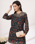 Floral Printed Flared Poly Georgette Top with Embroidery