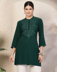 Rayon Lakhnavi Embroidered Kurti with Mandarin Collar