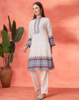 Floral Printed Straight Kurta Set with Mirror Embroidery
