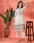 Floral Printed Straight Kurta Set with Mirror Embroidery