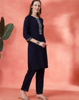 Solid Straight Viscose Rayon Kurta Set with Ethnic Embroidery