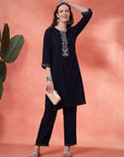 Solid Straight Viscose Rayon Kurta Set with Ethnic Embroidery