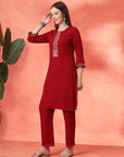 Solid Straight Viscose Rayon Kurta Set with Ethnic Embroidery