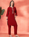 Solid Straight Viscose Rayon Kurta Set with Ethnic Embroidery