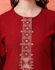 Solid Straight Viscose Rayon Kurta Set with Ethnic Embroidery