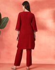 Solid Straight Viscose Rayon Kurta Set with Ethnic Embroidery