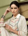 Solid Straight Rayon Slub Co-ord Set with Mirror Embroidery & Jacquard Detail
